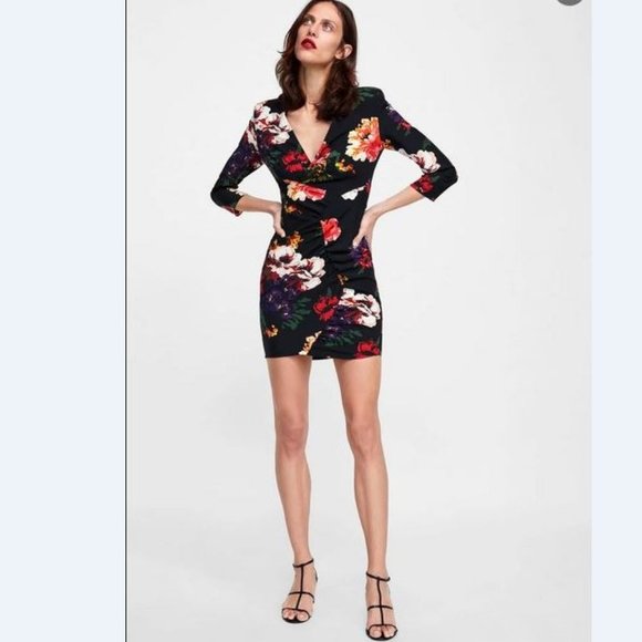 Zara floral print asymmetric ruching mini dress, NWT, S - Picture 1 of 16